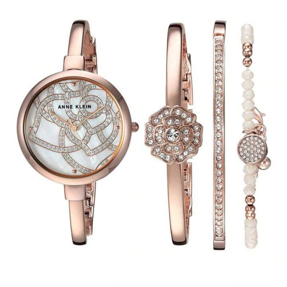 New Anne Klein 4pcs Swarovski Crystal Quartz Watch And Bracelet Set